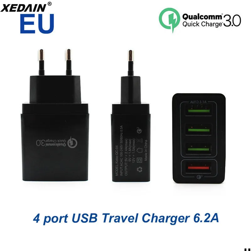 

XEDAIN EU/US Plug Free Data Cable Phone 4 Ports 6.2A Quick Charger QC 3.0 USB Charger For iphone ipad Samsung Huawei Xiaomi Sony