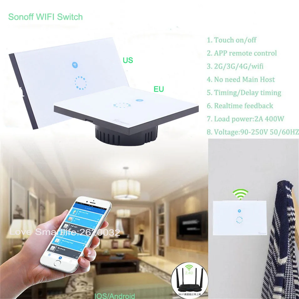US EU Type Sonoff Wifi Touch Glass Panel Switch Smart Home Remote Control Wifi Switch 1 gang 1 way Home Automation Ewelink APP