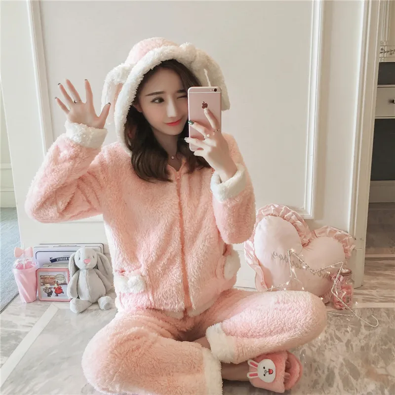Women Pajamas Winter Autumn Flannel Suits Cartoon Sleeping Clothes Two Piece Zipper Hooded Warm Nightys 2018 Female Pajama JW304 (7)