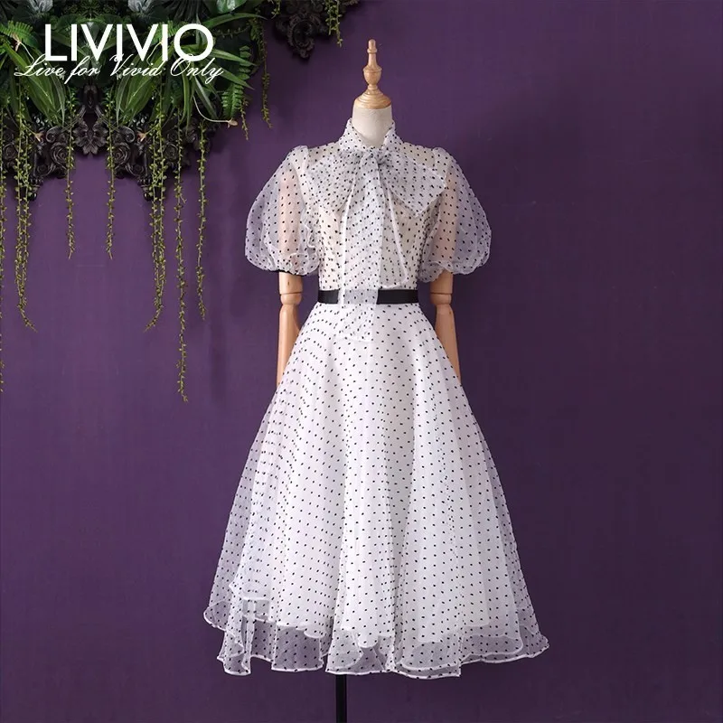 

[LIVIVIO] Mesh Dots Sheer Women Dress Bow Collar High Waist Belt Short Sleeve Long Dresses Female Elegant 2019 Summer Fashion