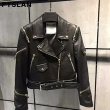 Ptslan Fashion Basic Jackets Autumn Female Coat Zipper Soft Black Women motorcycle Genuine Leather Jacket with