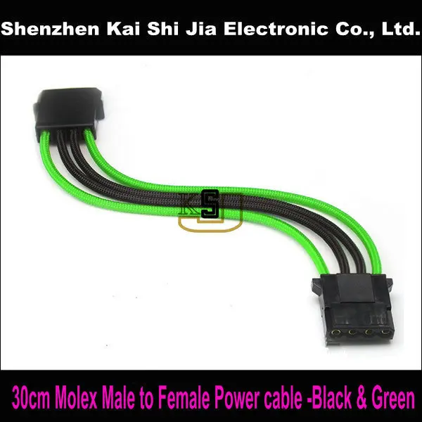 New Black &amp Green Sleeved 4Pin Molex Male to Female Power Extention Cable - 30CM | Компьютеры и офис