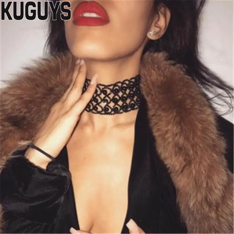 

KUGUYS Trendy Jewelry Luxury Crystals Hollow Out Necklaces Women 3 Colors Beads Chokers Necklaces Wedding Party Accessories