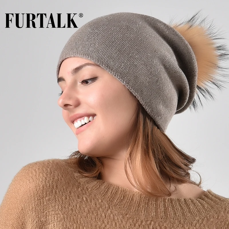 

FURTALK Winter Rabbit Fur Beanie Hat for Women Real Fur Pompom Hat Winter Knitted Slouchy Beanie Hats for Girls Ladies