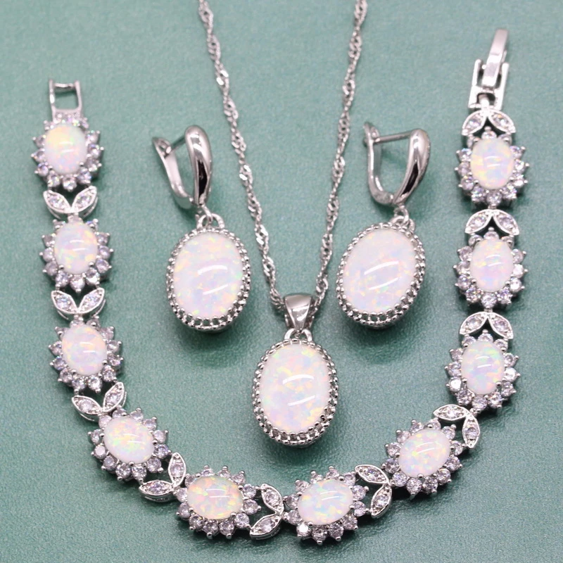 

Elegant Oval White Australian Fire Opal 925 Sterling Silver Jewelry Sets For Women Necklace Dangle Earrings With Opal Bracelet