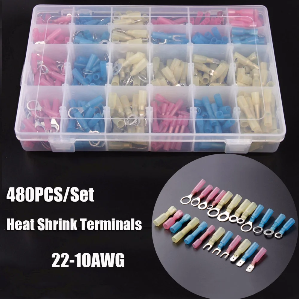 480pc Assortment 22-10AWG Heat Shrink Car Marine Wire Connectors Crimp Terminals