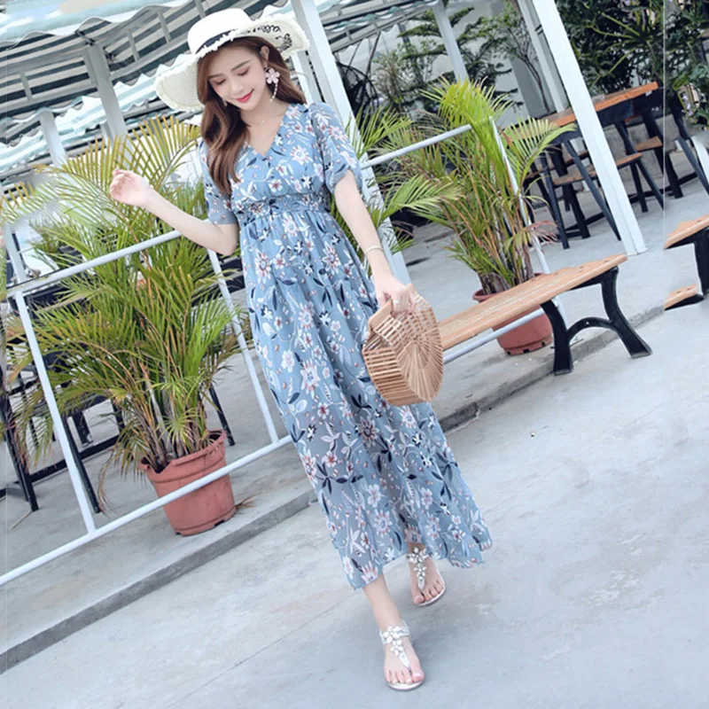 

Summer Long Travel Dresses Seaside Women Vintage Long Dress Elegant Women Dress Deep V Neck Beach Chiffon Dresses Printed