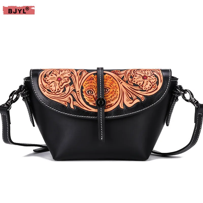 

BJYL Handmade leather carving Women handbags female Messenger bag retro original first layer cowhide leather small shoulder bag
