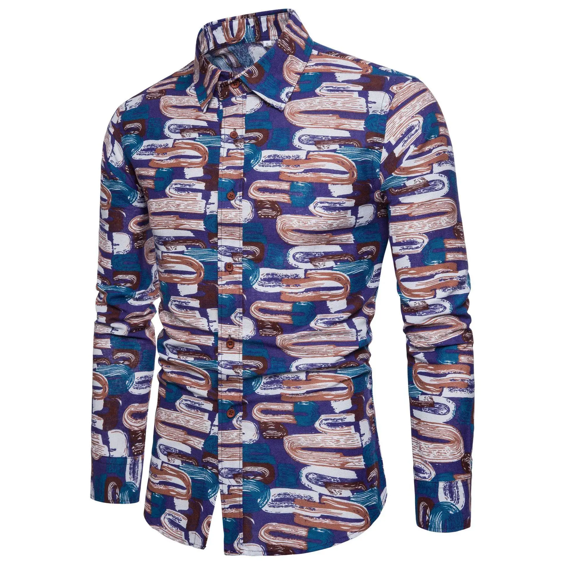 

Casual Mens long sleeve Shirt Linen Shirts Men Fashion Hip hop Print Hawaiian Style Blouse Men Slim fit New