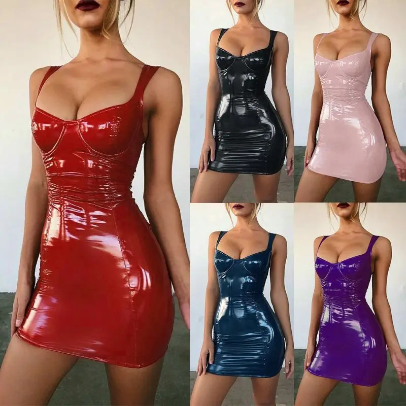 Tanie Damska seksowna PU skóra V Neck Bodycon Strappy bez rękawów damska klubowa imprezowa, koktajlowa sukienka ołówkowa mini
