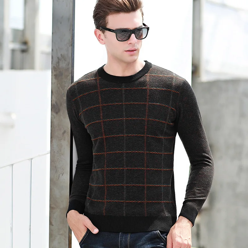 Casual Winter Warm Wool Men's O-neck Plaid Sweater Men Smart Casual Pullover High Quality Men's Knitted Sweaters - Цвет: Coffee