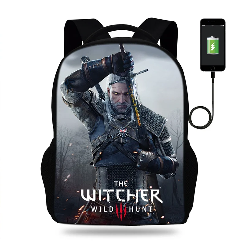 

The Witcher Wild Hunt Usb Charging backpack Popular Game School bags Notebook Unisex computer backpack for Teenage Boysgirls