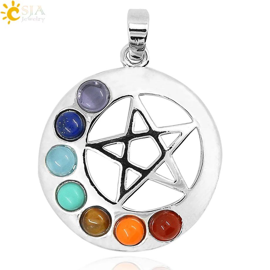 

CSJA Factory 2016 the New Listing Reiki 7 Chakra Semi Precious Stone Beads Captain Energy Healing Point Pendants Women Gift E068