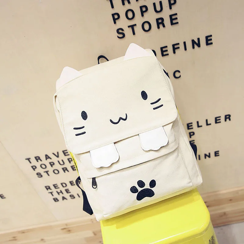 Cute Canvas Backpack Cartoon Cat Embroidery School Bag For Teenage