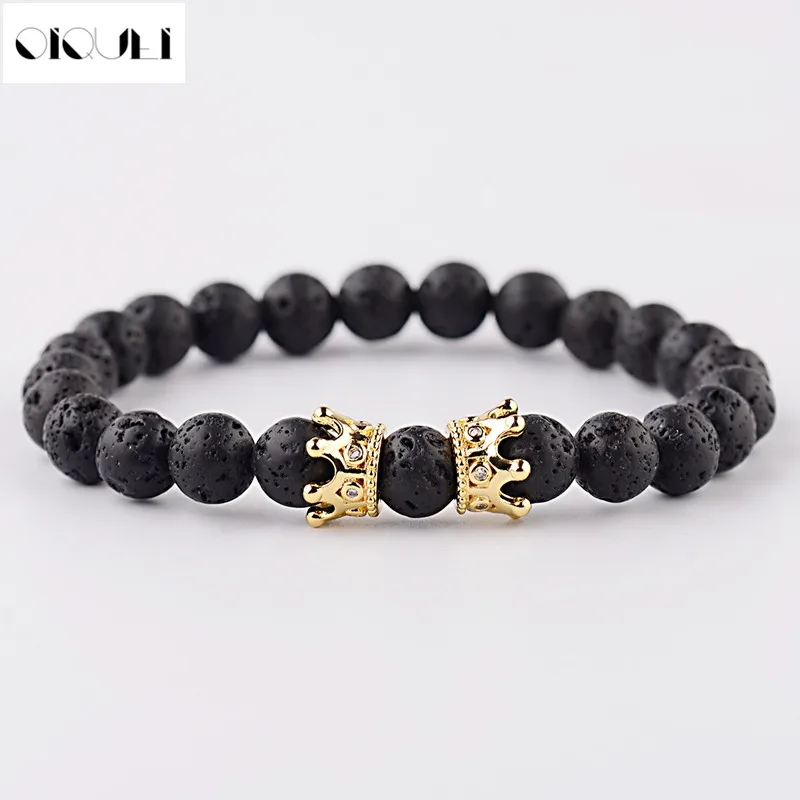 

OIQUEI Men's Gold Crown Beaded Bracelet Classic Volcanic Lava Rock Stone Beads Charm Bracelets For Man Jewelry pulseras hombre