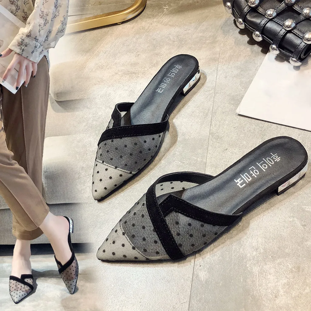 

Pointed Toe Flat Mesh Half Sandals Summer Women's Shoes Casual Polka Dot Slip-On Elegant Sweet style zandalias mujer tacon 35-39