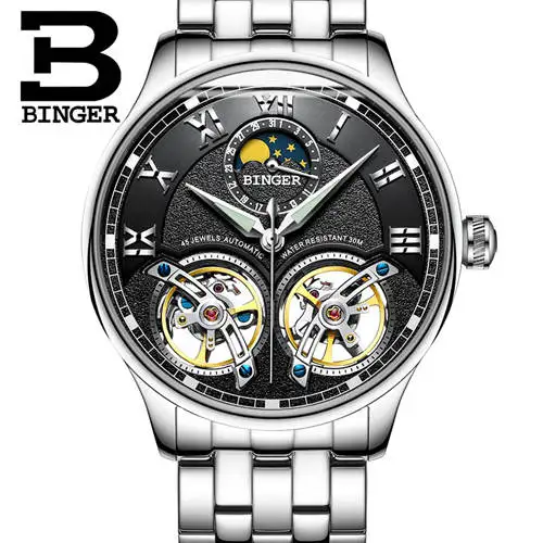 Швейцарские мужские часы с двойным Tourbillon, BINGER, автоматические часы для мужчин, модные механические наручные часы с кожаным ремешком - Цвет: Silv black B8606B st