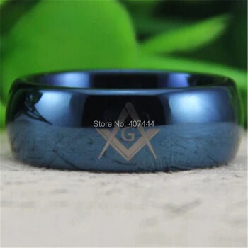 

Free Shipping USA UK Canada Russia Brazil Hot Sales 8MM Shiny Blue Dome Freemason Masonic Mens Comfort Fit Tungsten Wedding Ring