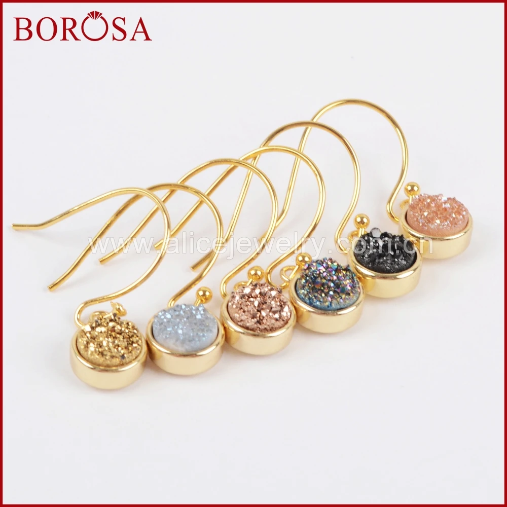 

BOROSA Fashion Hook Earrings Gold Bezel Round Rainbow Titanium Druzy Charm Drop Earrings Dangle Earrings Drusy Jewelry ZG0160