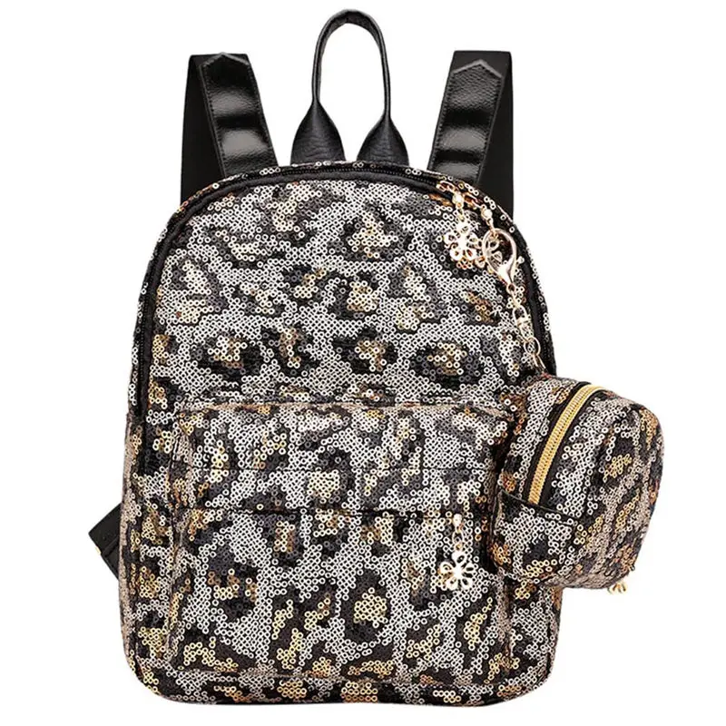 Черный Mochilas mujer женский рюкзак Девушка блесток Леопард школьная сумка рюкзак дорожная сумка+ клатч - Цвет: Черный