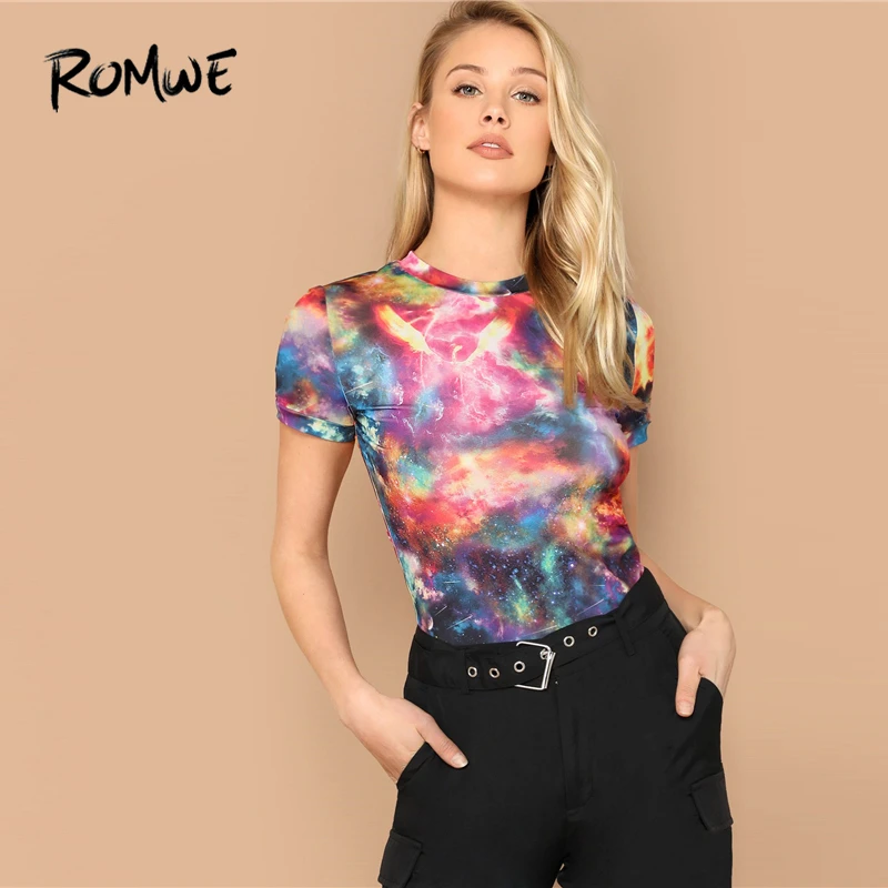 

ROMWE Mock-Neck Galaxy Print Tee 2019 Stylish Summer Stand Collar Women Clothes T-shirt Glamorous Slim Fit Cap Sleeve Tops
