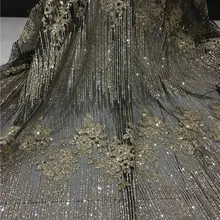 5 Ярд/лот африканская блестящая кружевная ткань H-75 вышитое Тюлевое кружево с клееным блеском для вечернего платья в черную сетку золотой блеск