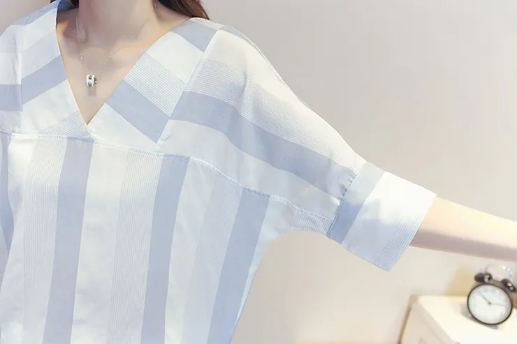 New Striped Blouses Women Shirts Ladies 2018 Summer Half Sleeve Womens Tops And Blouses V-neck Cotton Linen Blusas Femininas  (11)