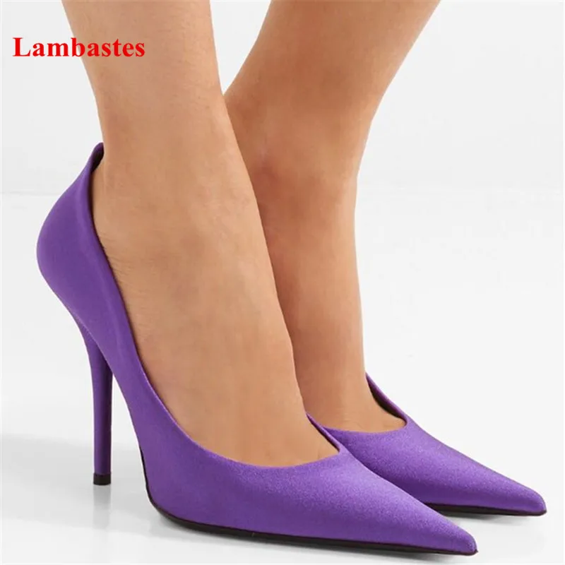 

2018 Red Pointed Toe Slip On Shallow Satin Women Pumps Thin High Heel Fashion Party Walkway Sexy Stiletto Pumps Feminino Shoes