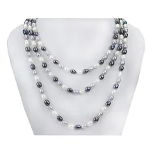 Snh 7mm arroz un 160 cm collar negro blanco gris color mezclado joyería antigua real de perlas largo collar colgante