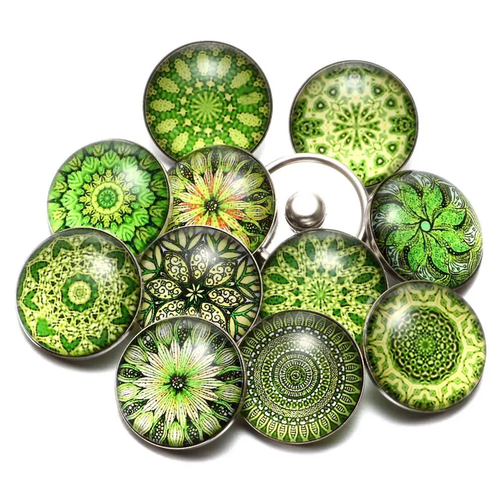 12pcs/lot Green Series Theme Beautiful Exotic Pattern 18mm Snap Button Charms For 18mm Snaps Bracelet Snap Jewelry KZ0622