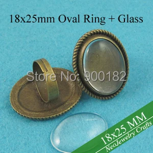

18x25mm Antique Bronze Finger Ring Tray, Adjustable Blank Ring Setting + Matching Glass Cabochon