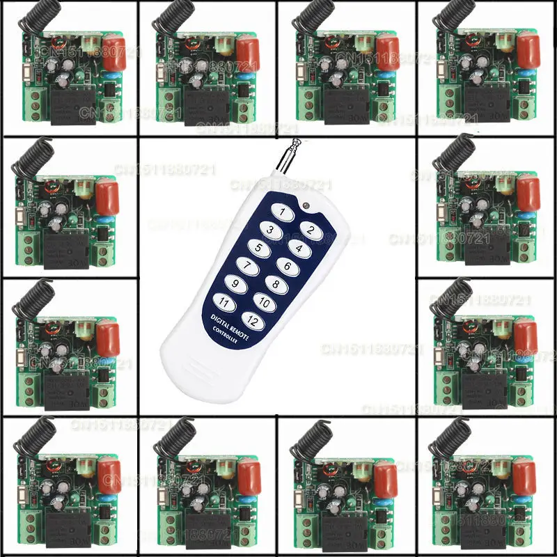 

220V 10A 315MHZ-433MHZ RF Wireless remote control system 20-200M 1 (controller)transmitter +12 Mini receiver(switch)