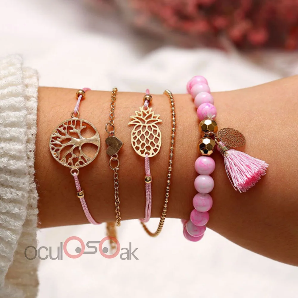 

5pcs/Set Pineapple Heart Coconut Tree Charm Bracelets Pink Stone Beads Bracelets Sets Multi-layer Chain Bohemian Bracelet Women