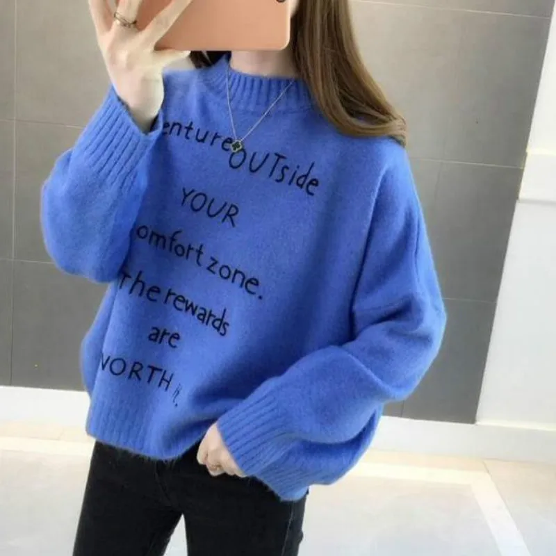 Корейские осенне-зимние новинки, вязаные свитера с надписью «ленивый стиль», свободные пуловеры с высоким воротником, милые мягкие Mujer Invierno 45569