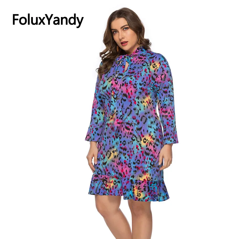 

Leopard Long Sleeve Dress Women Slim A-line Plus Size Ruffles Bohemian Dress Vestidos SQQ1930