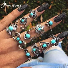 Модные ювелирные изделия этнические кольца в стиле «Бохо» для женщин, винтажные античные Серебристый Овальный синий камень, кольца на кончик пальца средней длины, набор колец в богемном стиле
