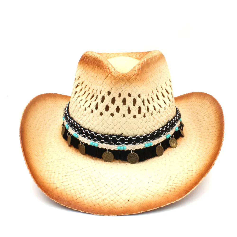 Handmade Weave Straw Women Western Cowboy Hat With Tassel Ribbion Size 58CM - Цвет: C2 CAZ