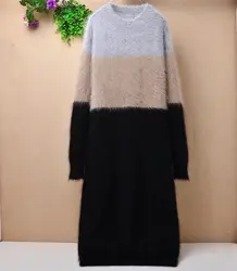 Маленький размер мода тонкая Длинная норка мех окраски с О-образным вырезом свитер с длинными рукавами Ангорский кролик ручной вязанный