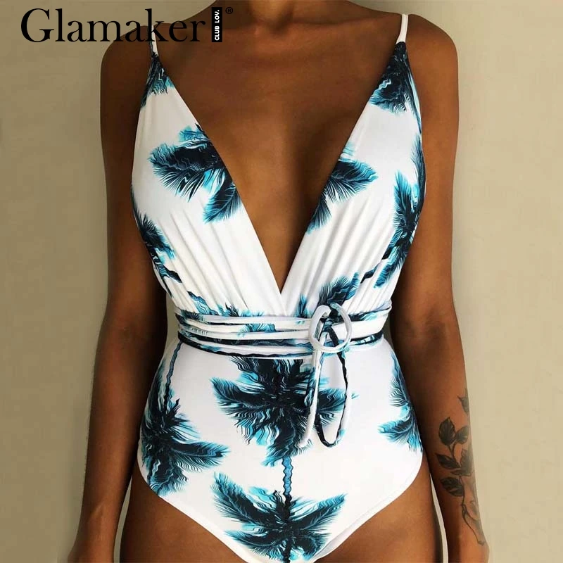Glamaker цветочный принт цельный купальник на завязках женский Глубокий v-образный вырез боди комбинезон женский набор для купания мягкий боди Лето