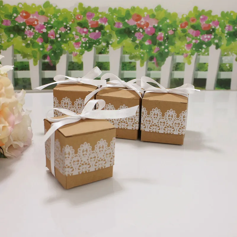 

50pcs Sweet Lovely Decoration Candy Dragee Box Paper Boxes Gift Box Rustic & Lace Kraft Favor Box with Ribbon Wedding and Party
