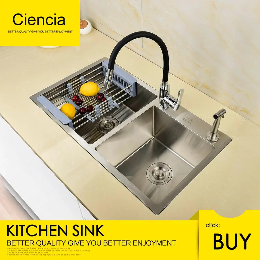 Free Shipping Ciencia Stainless Steel Brushed Nickel Undermount Double bowl handmake Kitchen Sink With Faucet For Kitchen
