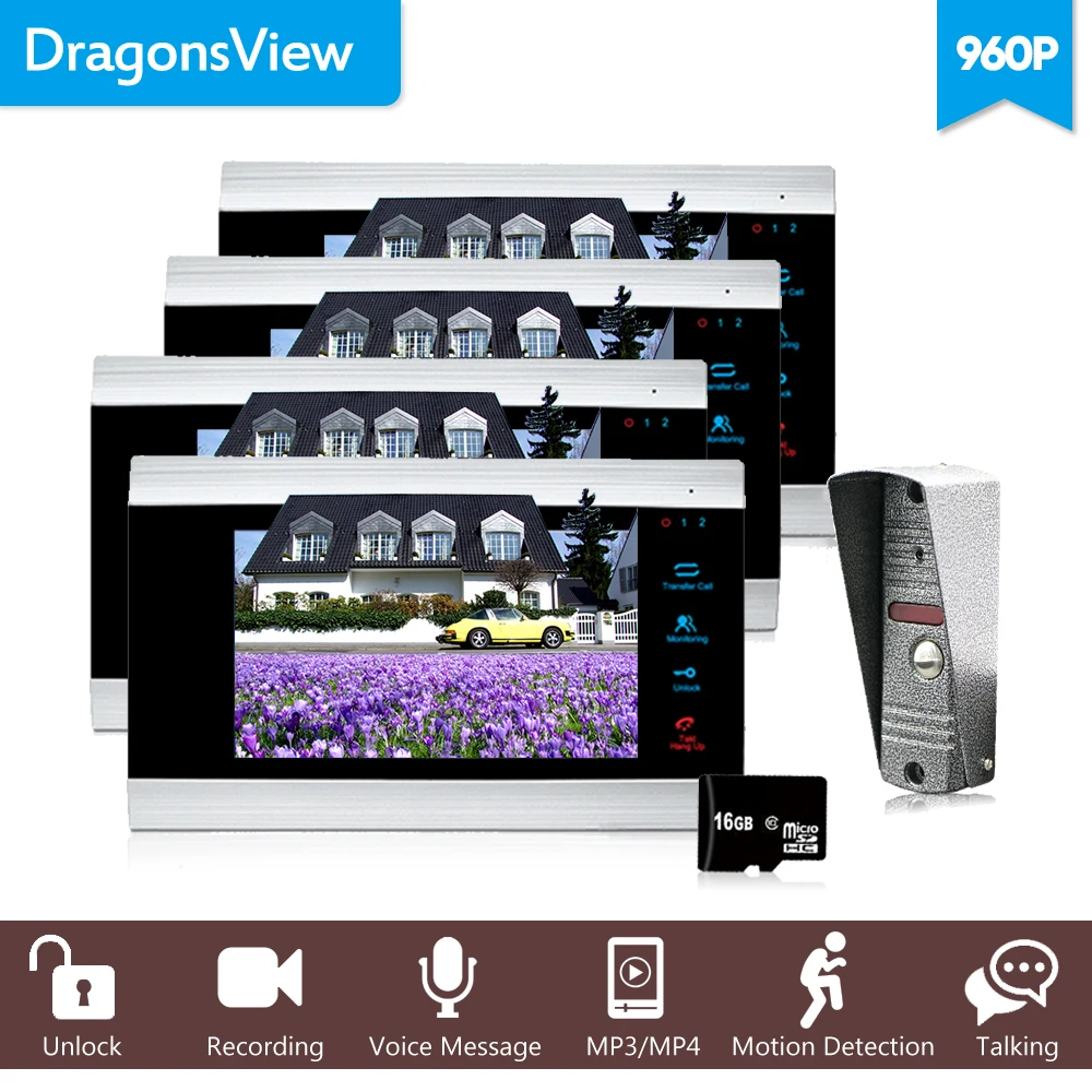 

Dragonsview 960P AHD 7 inch Home Video Door Phone Intercom Door Bell Touch Button 4 Monitors and 1 Video eyes for the Door