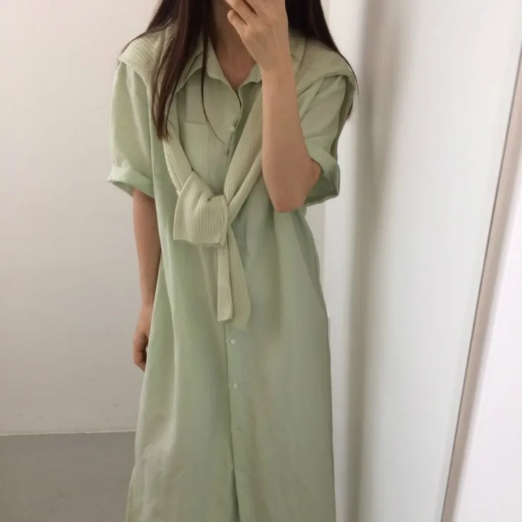 Женское летнее длинное платье-рубашка, прямое однобортное платье Vestidos с поясом, зеленое повседневное свободное платье размера плюс, Femme Sukienki