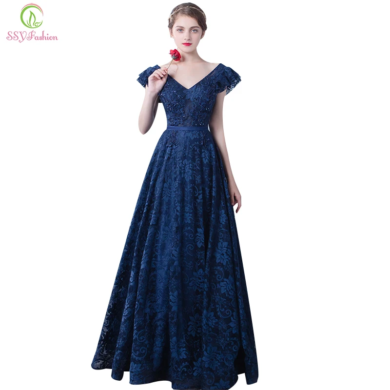 

Robe De Soiree Long Evening Dress Long 2017 SSYFashion Bride Blue Lace V Collar Floor-length Elegant Banquet Party Prom Dresses