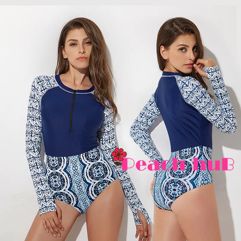 Sport Swimsuit Blue Bathing Suit One Piece Long Sleeve Swimsuit for Women Spf Surf Women Rashguard Vintage Floral Swimwear  (4)