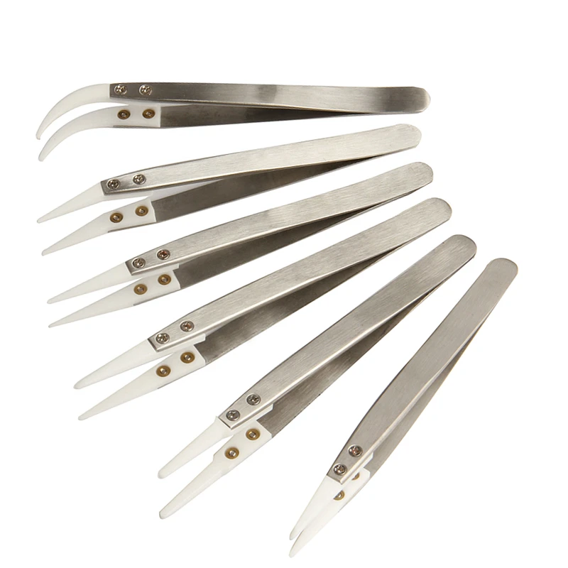 6Pcs Ceramic Tweezers Heat Resistant Non Conductive Stainless Steel