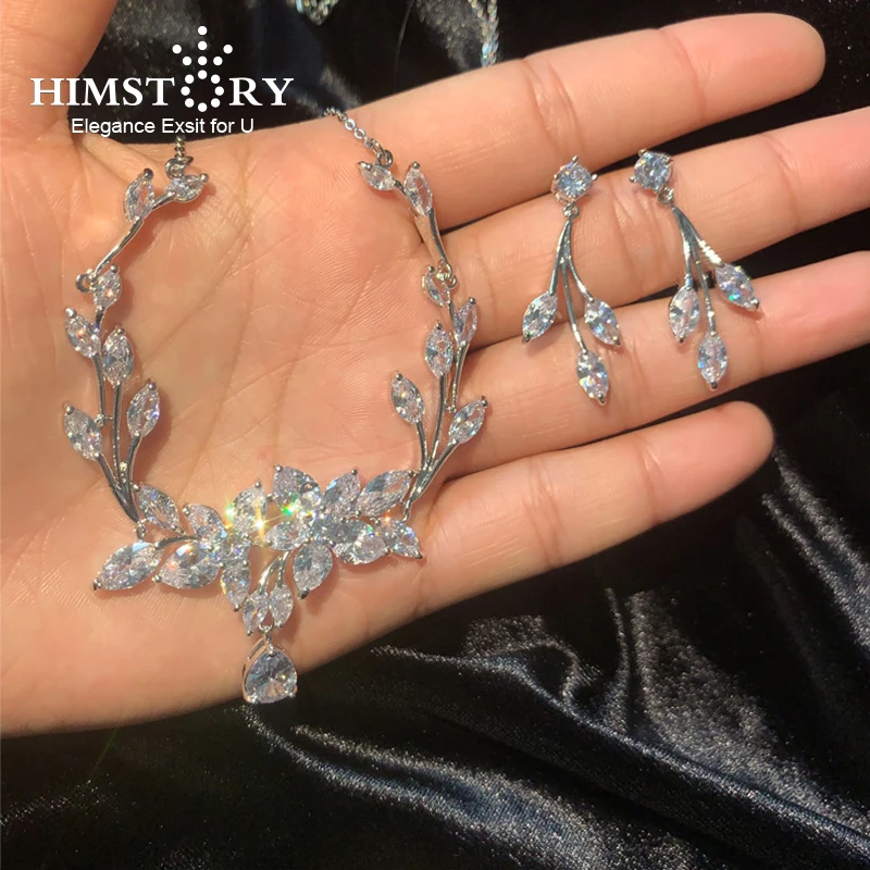 

Himstory Trendy Sliver Cubic Zirconia Bride Wedding Jewelry Set Woman Neckalce Flower Waterdrop 925 Sterling Earring Jewelry Set