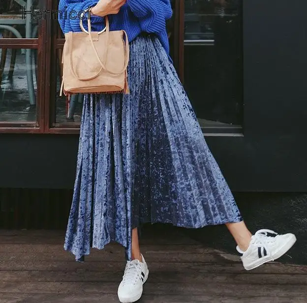 

2017 New Autumn Winter Metallic Color Large Swing Long Pleated Skirt Women Gold Sliver Shinny Color Velvet Skirt