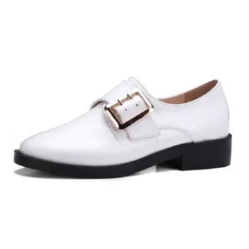 

White Black Women Flat Nice Metal Buckle Hook & Loop Platform Loafers Shoes Woman Slip On Vogue Flats Women Brogue Shoes