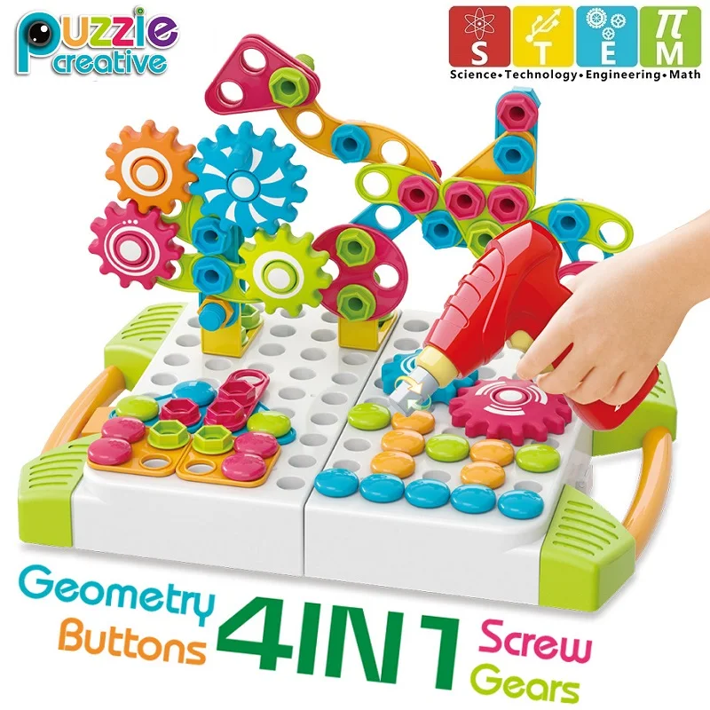 Günstig Getriebe Bausteine Pilz Nägel Pegboard Spielzeug Kinder STEM Lernen Spielzeug mit Bohrer Mosaik Kunst Kit 3D Bau Spielzeug Jungen geschenk